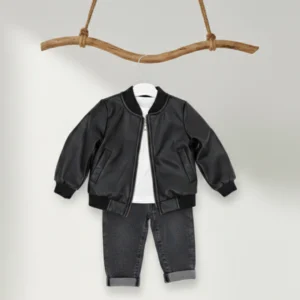 Baby Bebek Kolej Yaka Deri Ceketli ve Füme Denim 3'lü Takım DGE 10