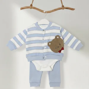Baby Bebek Mavi Çizgili Ayıcık Nakışlı 3'lü Takım DGE05