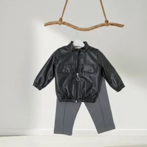 Baby Deri Ceketli, Bluz ve Gri Pantolonlu 3'lü Takım DGE07