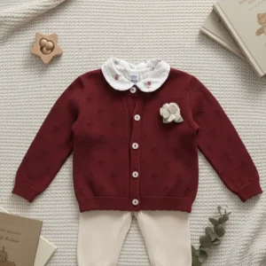 Baby Zarif Çiçek Detaylı Kız Bebek Hırka ve Pantolon Takımı DGK 09