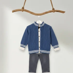 Baby Çocuk Saç Örgü Hırkalı ve Papyonlu 3'lü Denim Takım DGE12