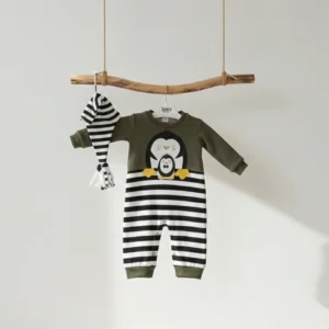 Baby Penguen Nakışlı Çizgili Bebek Tulum ve Bere Seti DGU 13
