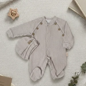 Baby Bebek Çizgili Ahşap Düğme Detaylı Tulum ve Şapka Takımı DGK 06