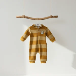 Baby Kapüşonlu Çizgili Waffle Dokulu Bebek Tulum - Hardal Sarı DGU 14
