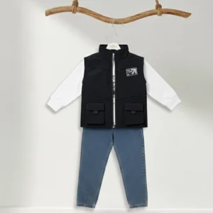 Baby Erkek Çocuk Siyah Şişme Yelekli  ve Denim 3'lü Takım DGE14