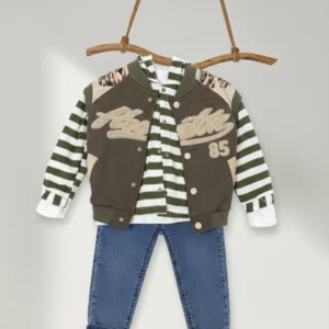 Baby Çocuk Kolej Tarzı Bomber Yelekli Ve Çizgili kapüşonlu 4'lü Denim Takım DGE 11